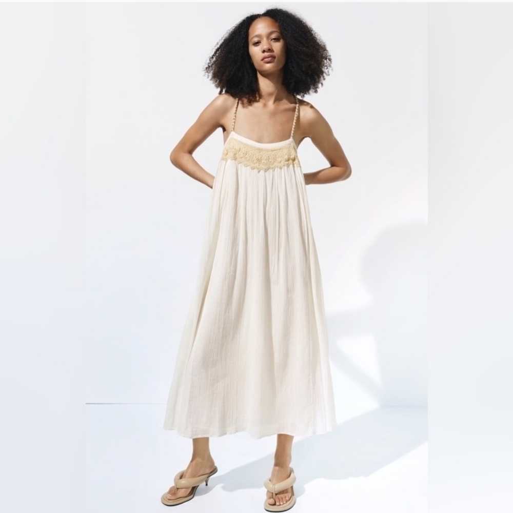 Zara breaded strap textured empire maxi dress with crochet detail